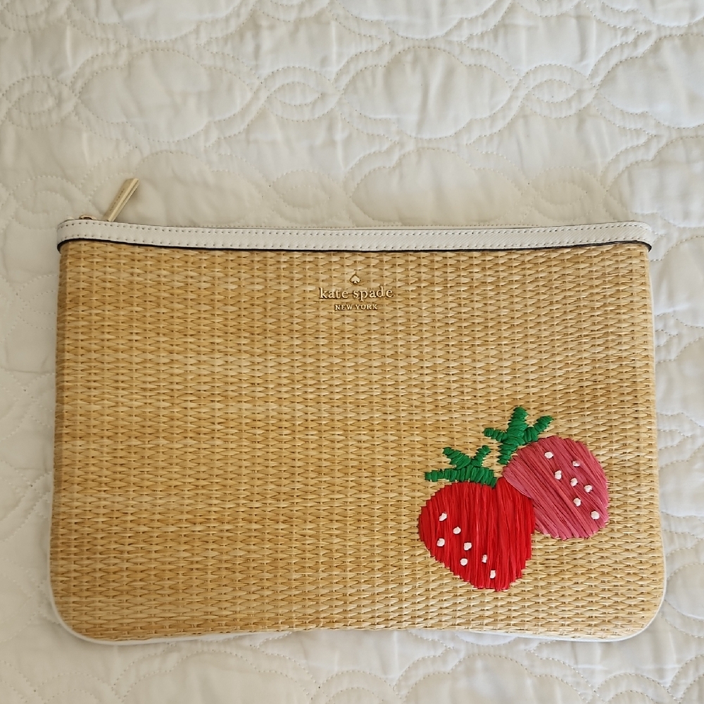 Kate Spade Woven Clutch with Red and Green Strawberry Motif